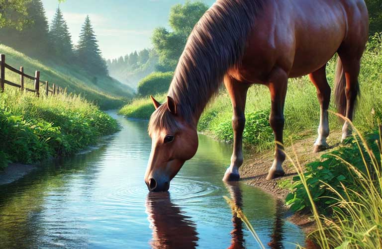 Cheval buvant de l'eau propre dans un abreuvoir, illustrant l'importance de l'hydratation pour sa santé et son bien-être.